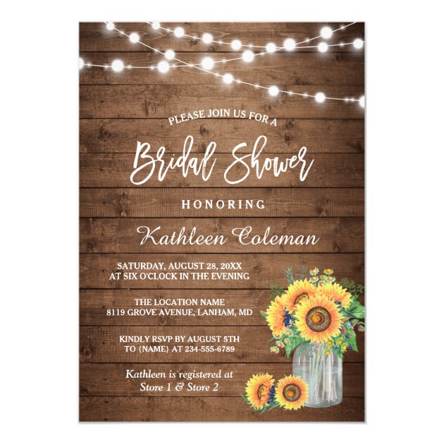 Rustic Sunflowers Mason Jar Lights Bridal Shower Invitation