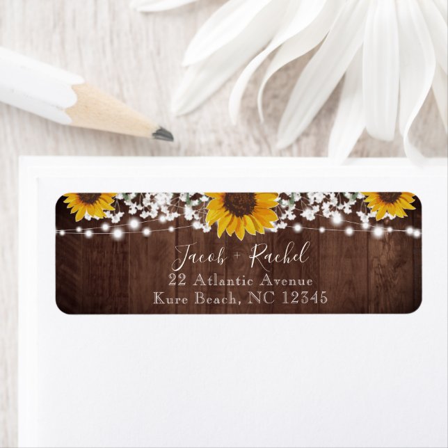 Rustic Sunflowers Mason Jar Lights Wedding Address Label (Insitu)
