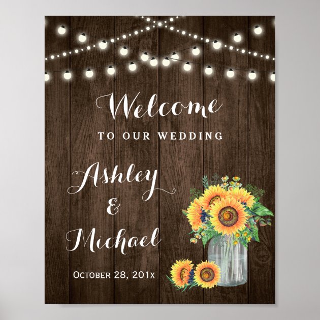 Rustic Sunflowers Mason Jar Lights Wedding Sign