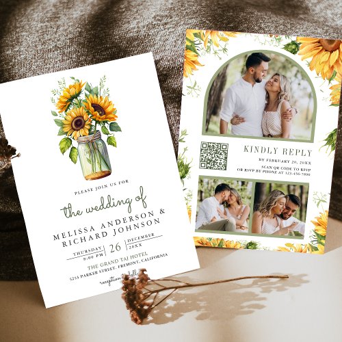 Rustic Sunflowers Mason Jar QR Code Wedding Invitation