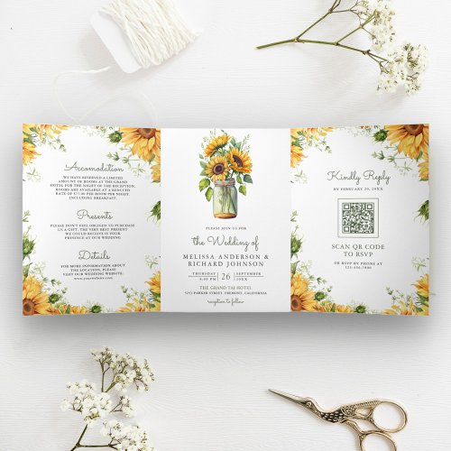 Rustic Sunflowers Mason Jar QR Code Wedding Tri_Fold Invitation