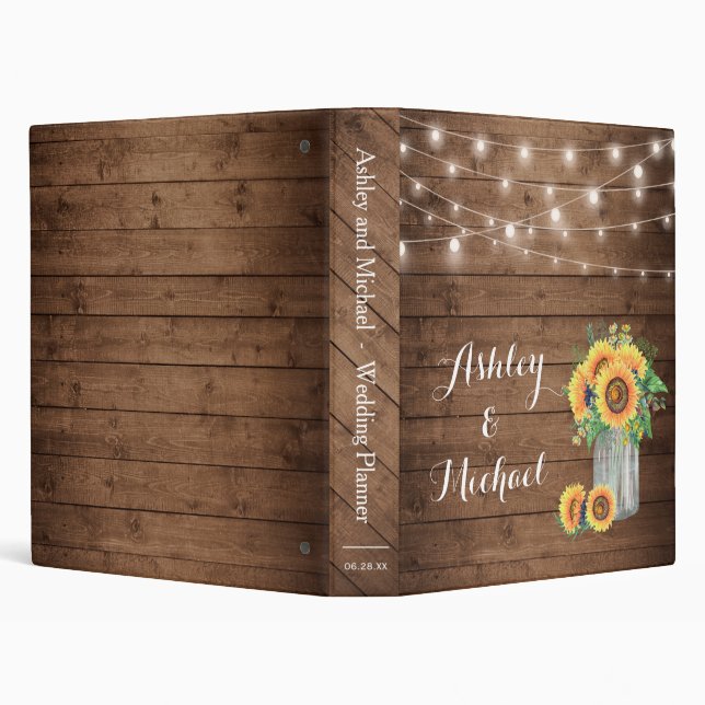 Rustic Sunflowers Mason Jar String Lights Wedding Binder (Background)