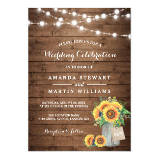 Rustic Sunflowers Mason Jar String Lights Wedding Card