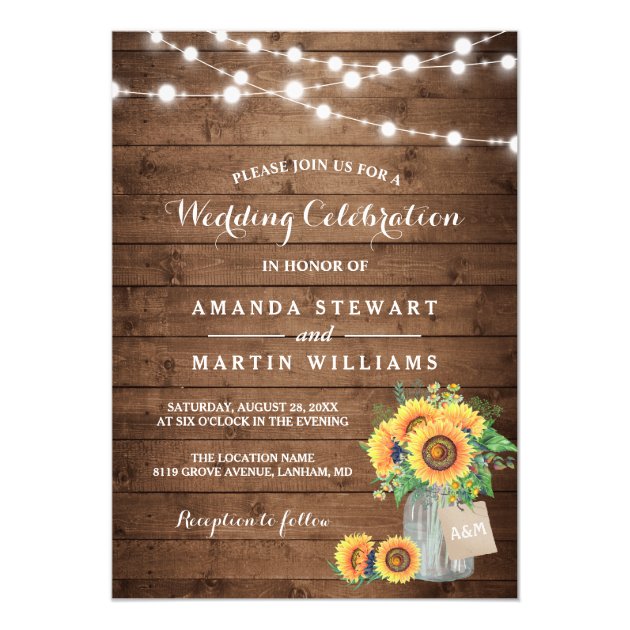 Rustic Sunflowers Mason Jar String Lights Wedding Card (front side)