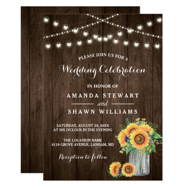 Rustic Sunflowers Mason Jar String Lights Wedding Invitation