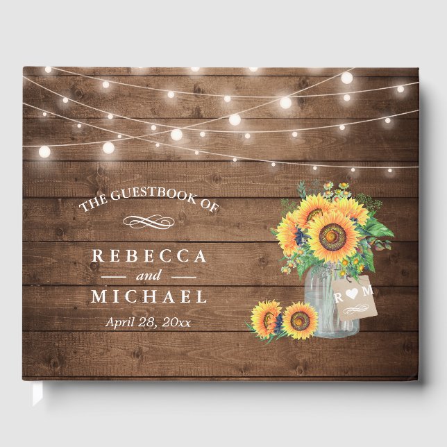 Rustic Sunflowers Mason Jar String Lights Wedding Guest Book (Front)