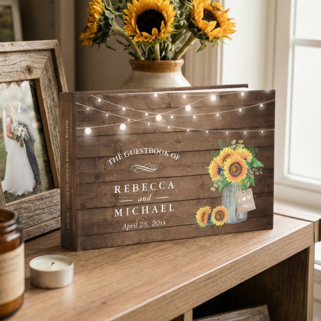 Rustic Sunflowers Mason Jar String Lights Wedding Guest Book (Creator Uploaded)