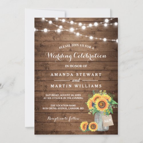 Rustic Sunflowers Mason Jar String Lights Wedding Card