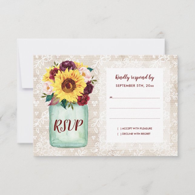 Rustic Sunflowers Mason Jar Wedding RSVP Card (Front)