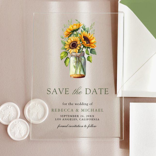 Rustic Sunflowers Mason Jar Wedding Save the Date Acrylic Invitations (Creator Uploaded)
