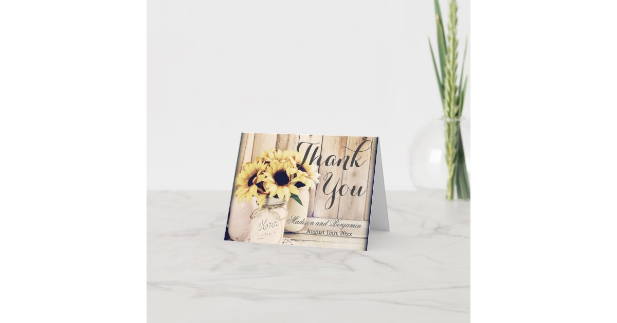 Rustic Sunflowers Mason Jar Wedding Thank You Card | Zazzle