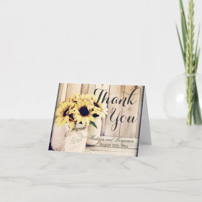 Rustic Sunflowers Mason Jar Wedding Thank You Card | Zazzle
