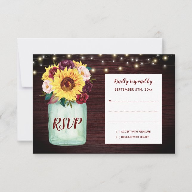 Rustic Sunflowers Mason Jar Wood Wedding RSVP (Front)