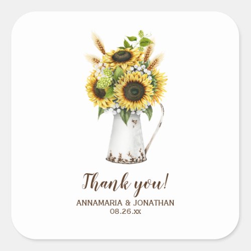 Rustic Sunflowers Metal Pitcher Wedding Thank You Square Sticker