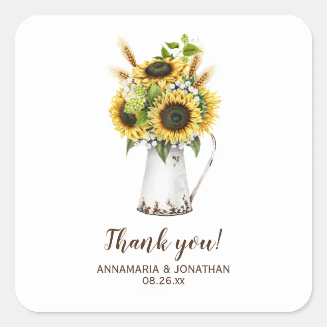 Rustic Sunflowers Metal Pitcher Wedding Thank You Square Sticker | Zazzle