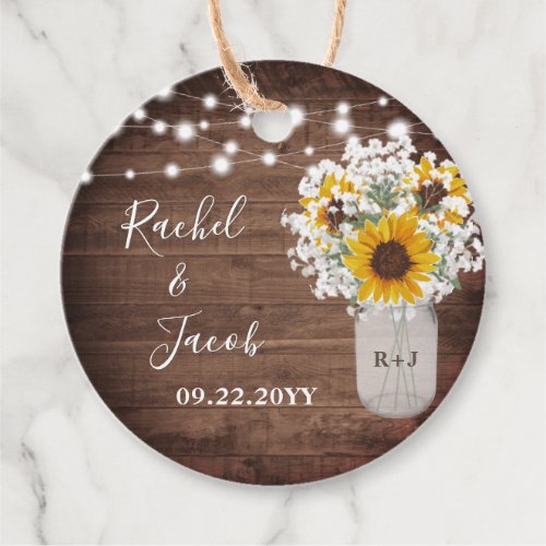 Rustic Sunflowers Monogram Jar Lights Wedding Favor Tags
