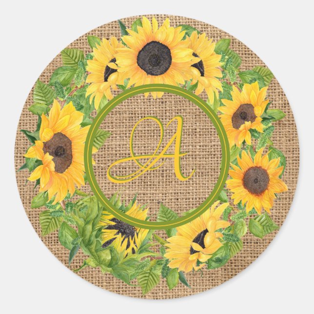 Rustic Sunflowers Monogrammed Burlap Classic Round Sticker (Front)