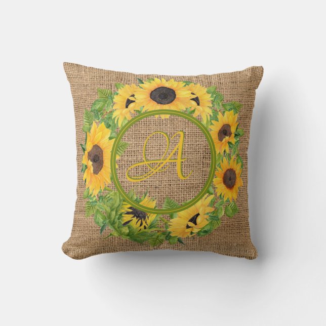 Rustic Sunflowers Monogrammed Burlap Decor Throw Pillow (Front)