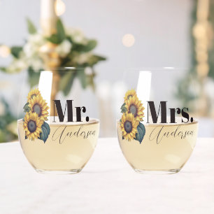 Rustic Sunflowers Mr. and Mrs. Stemless Wine Glass