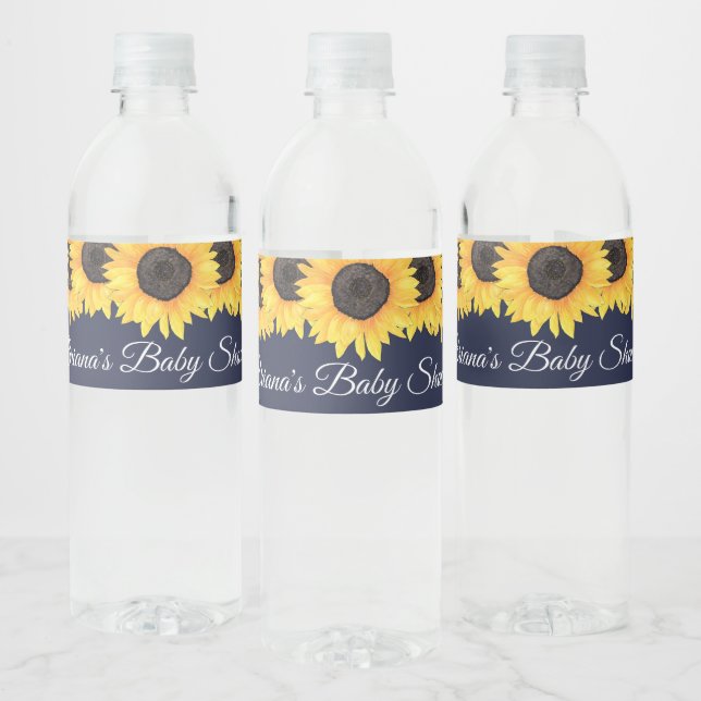 Rustic Sunflowers Navy Blue Baby Shower Water Water Bottle Label (Bottles)