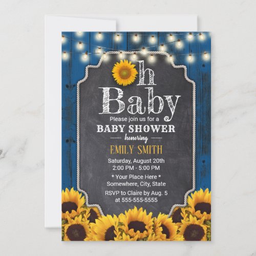 Rustic Sunflowers Navy Blue Barn Baby Shower Invitation