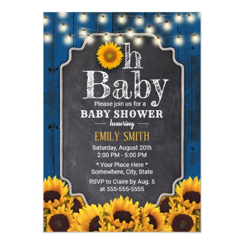 Rustic Sunflowers Navy Blue Barn Baby Shower Invitation