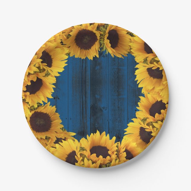 Rustic Sunflowers Navy Blue Barn Wood Paper Plates (Front)