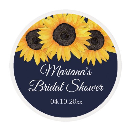 Rustic Sunflowers Navy Blue Bridal Shower Edible Frosting Rounds