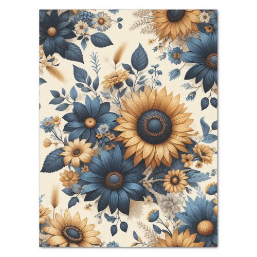 Rustic Sunflowers Navy Blue Daisies Decoupage Tissue Paper