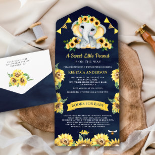 Rustic Sunflowers Navy Blue Elephant Baby Shower All In One Invitation