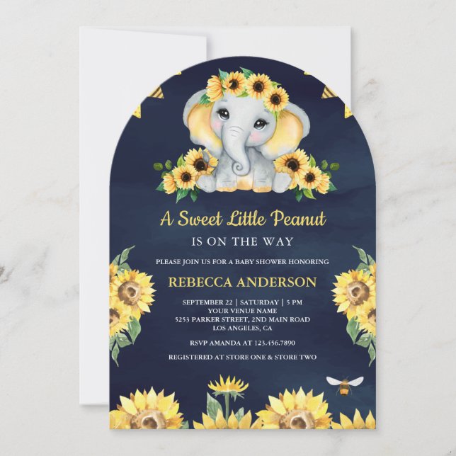 Rustic Sunflowers Navy Blue Elephant Baby Shower Invitation (Front)