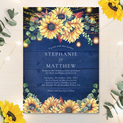 Rustic Sunflowers Navy Blue Jar Lights Wedding Invitation