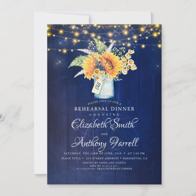 Rustic Sunflowers Navy Blue Rehearsal Dinner Invitation (Front)