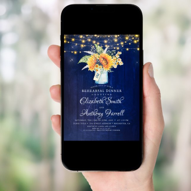 Rustic Sunflowers Navy Blue Rehearsal Dinner Invitation (Front Digital)