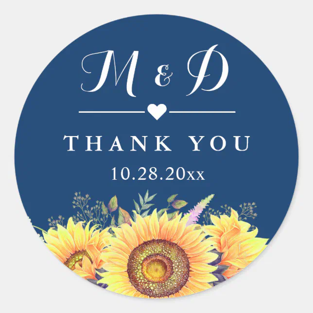 Rustic Sunflowers Navy Blue Wedding Favor Classic Round Sticker Zazzle