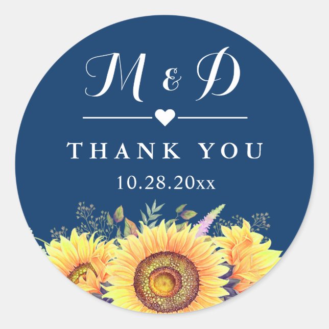 Rustic Sunflowers Navy Blue Wedding Favor Classic Round Sticker (Front)