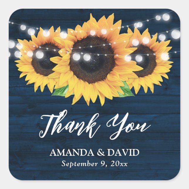 Rustic Sunflowers Navy Blue Wedding Favor Square Sticker (Front)