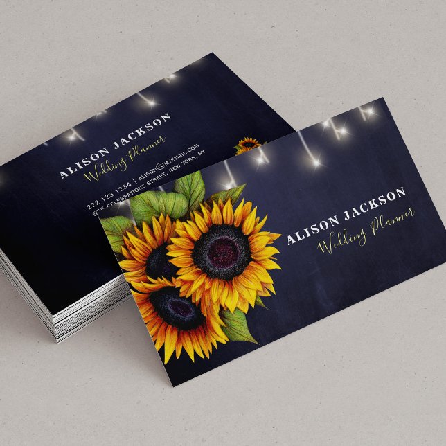 Rustic sunflowers navy blue wedding planner business card (Creator Uploaded)