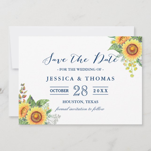 Rustic Sunflowers Navy Blue Wedding Save the Date (Front)