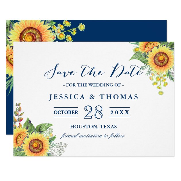 Rustic Sunflowers Navy Blue Wedding Save The Date Card