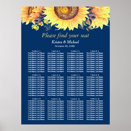 Rustic Sunflowers Navy Blue Wedding Seating Chart