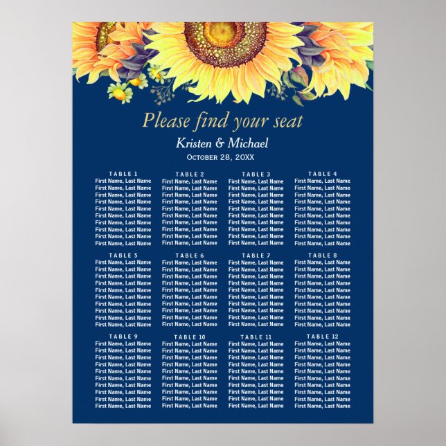 Rustic Sunflowers Navy Blue Wedding Seating Chart (Front)