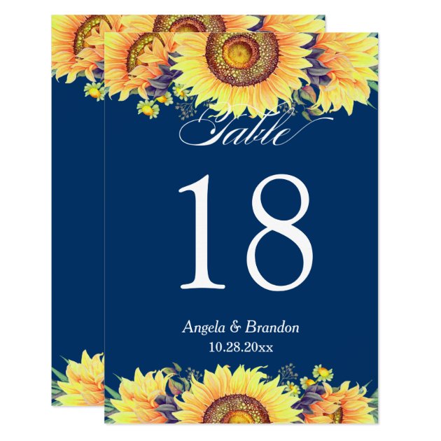 Rustic Sunflowers Navy Blue Wedding Table Number