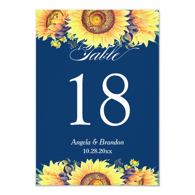Rustic Sunflowers Navy Blue Wedding Table Number