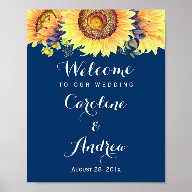 Rustic Sunflowers Navy Blue Welcome Wedding Sign