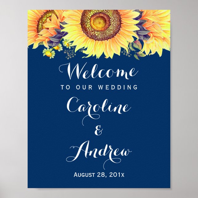 Rustic Sunflowers Navy Blue Welcome Wedding Sign (Front)