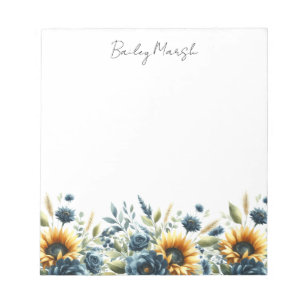 Rustic Sunflowers Navy Blue Wildflower Custom Name Notepad