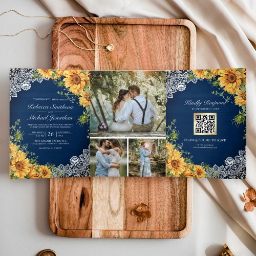 Rustic Sunflowers Navy Blue Wood QR Code Wedding Tri_Fold Invitation