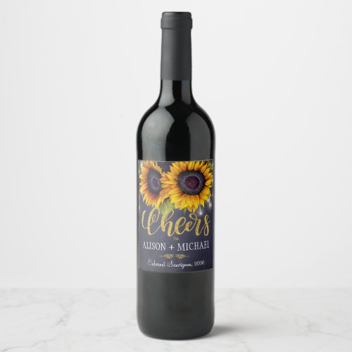 Rustic sunflowers navy chalkboard cheers wedding wine label