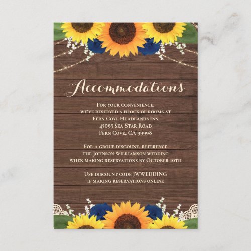 Rustic Sunflowers Navy Rose Wedding Accommodations Enclosure Card